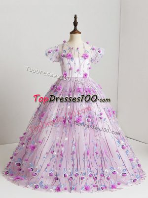 Lilac Zipper Little Girls Pageant Dress Wholesale Hand Made Flower Short Sleeves Floor Length