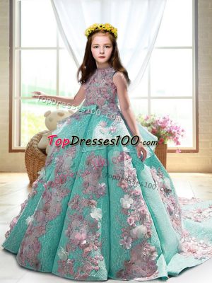 Glorious High-neck Sleeveless Court Train Backless Child Pageant Dress Turquoise Satin