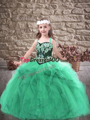 Sweet Turquoise Ball Gowns Embroidery and Ruffles Little Girl Pageant Gowns Lace Up Tulle Sleeveless Floor Length