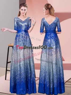 Royal Blue Zipper Prom Party Dress Ruching Half Sleeves Floor Length