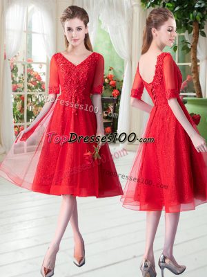 V-neck Half Sleeves Tulle Prom Gown Beading and Appliques Lace Up