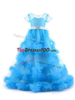 Baby Blue Short Sleeves Beading and Ruffles Floor Length Girls Pageant Dresses