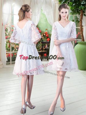 Custom Made White Half Sleeves Knee Length Lace Zipper Prom Evening Gown