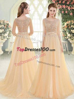 Tulle 3 4 Length Sleeve Dress for Prom Sweep Train and Beading