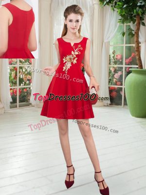 Lovely Satin Scoop Sleeveless Zipper Appliques Evening Dress in Red