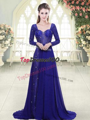 Spectacular Long Sleeves Beading and Lace Backless Evening Outfits with Royal Blue Sweep Train