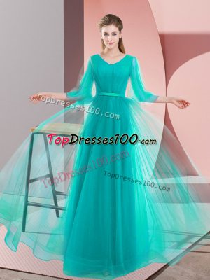 Floor Length A-line Long Sleeves Turquoise Prom Gown Lace Up