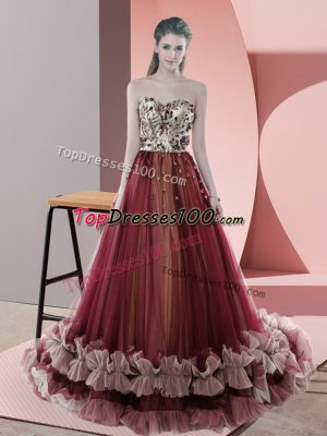 New Style Sweetheart Sleeveless Prom Party Dress Sweep Train Beading Red Tulle