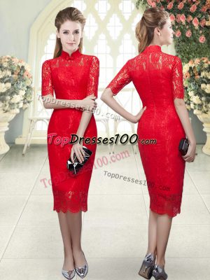 Eye-catching Red Zipper High-neck Beading and Lace Prom Dress Half Sleeves