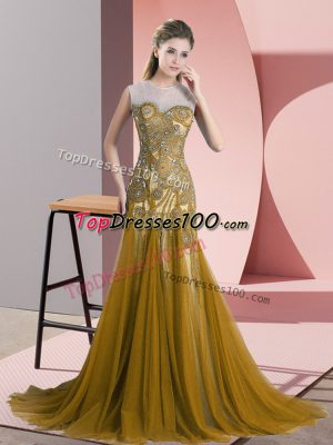 Brown A-line Tulle Scoop Sleeveless Beading and Appliques Backless Prom Dresses Sweep Train
