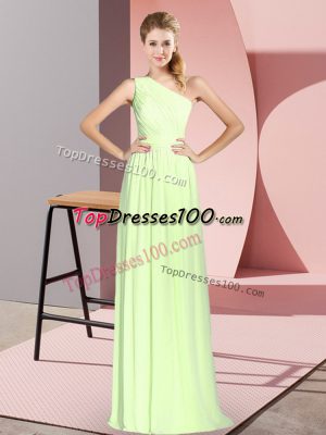 One Shoulder Sleeveless Dress for Prom Floor Length Ruching Yellow Green Chiffon