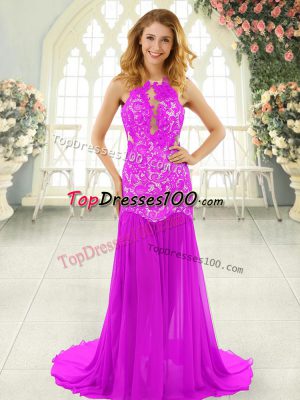 Free and Easy Pink Prom Dress Prom and Party with Lace Scoop Sleeveless Brush Train Backless
