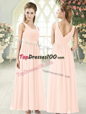 Dramatic Pink Empire Chiffon V-neck Sleeveless Ruching Floor Length Zipper Evening Dress