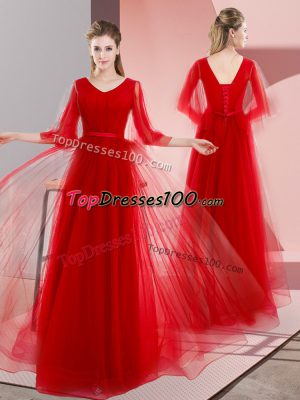Red Long Sleeves Floor Length Beading Lace Up Party Dresses