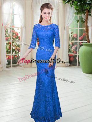 High Class Scoop Half Sleeves Evening Dresses Floor Length Lace Royal Blue