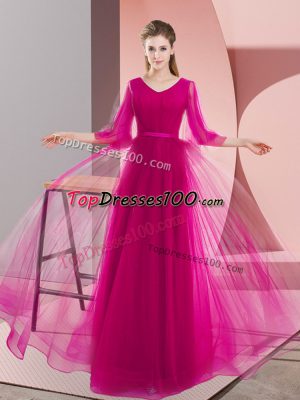 A-line Evening Dress Pink and Fuchsia V-neck Tulle Long Sleeves Floor Length Zipper