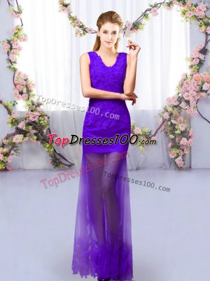 Floor Length Lace Up Dama Dress for Quinceanera Purple for Prom and Party with Lace