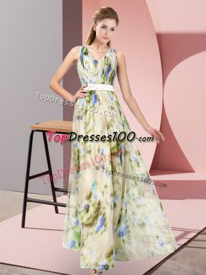V-neck Sleeveless Printed Prom Dresses Pattern Zipper