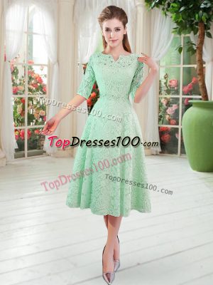 A-line Womens Evening Dresses Apple Green V-neck Lace Half Sleeves Tea Length Zipper