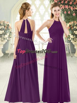 Purple Zipper Homecoming Dress Ruching Sleeveless Floor Length