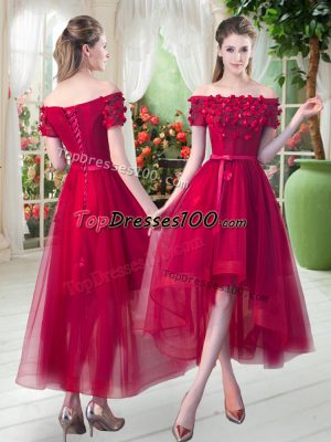 Red A-line Appliques Prom Party Dress Lace Up Tulle Short Sleeves High Low