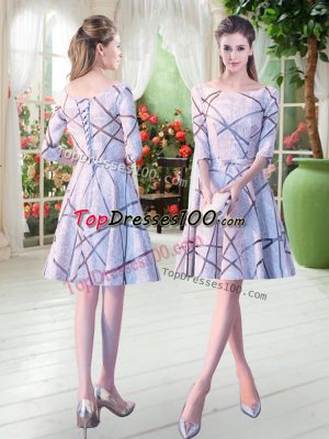 Colorful Ruching Prom Dresses Grey Lace Up Half Sleeves Knee Length
