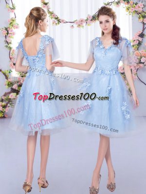 Knee Length Lace Up Bridesmaid Dresses Light Blue for Prom and Party and Wedding Party with Appliques