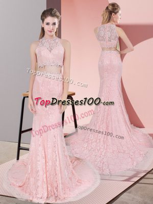 Smart Zipper Evening Dress Pink for Prom and Party and Military Ball with Beading Court Train