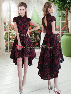 Fashionable Red And Black High-neck Neckline Appliques Prom Party Dress Short Sleeves Zipper