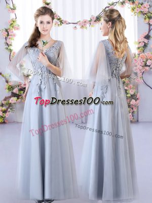 Noble Grey Empire Tulle V-neck Sleeveless Appliques Floor Length Lace Up Bridesmaids Dress