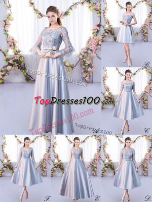 Silver A-line Scoop 3 4 Length Sleeve Satin Floor Length Lace Up Lace Quinceanera Court Dresses