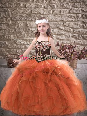 Floor Length Rust Red Kids Formal Wear Tulle Sleeveless Embroidery and Ruffles