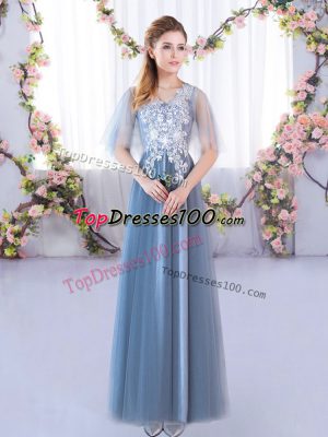 Dynamic Floor Length Blue Quinceanera Dama Dress Tulle Half Sleeves Lace