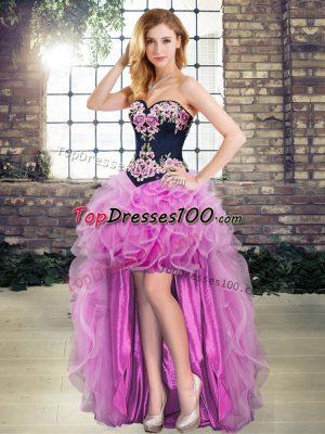 Sleeveless High Low Appliques and Embroidery Lace Up Homecoming Dress with Lilac