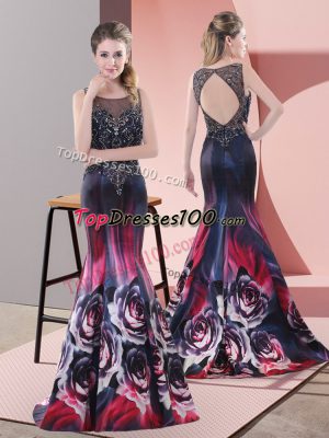 Multi-color Mermaid Printed Scoop Sleeveless Beading Backless Dress for Prom Sweep Train