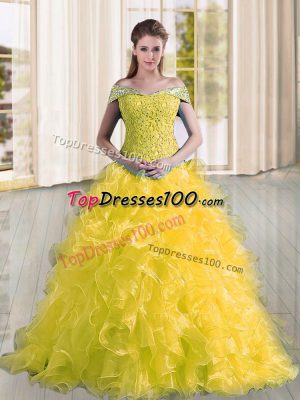 Organza Off The Shoulder Sleeveless Sweep Train Lace Up Beading and Lace and Ruffles Quinceanera Gowns in Yellow
