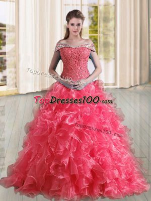Coral Red Lace Up Off The Shoulder Beading and Lace and Ruffles Sweet 16 Dress Organza Sleeveless Sweep Train