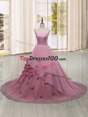 Hot Selling Pink Quinceanera Gowns Military Ball and Sweet 16 and Quinceanera with Hand Made Flower Strapless Sleeveless Brush Train Lace Up