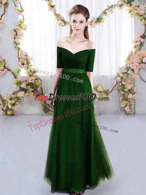 Extravagant Green Empire Ruching Bridesmaid Dress Lace Up Tulle Short Sleeves Floor Length