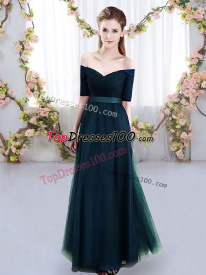 Enchanting Empire Bridesmaid Gown Navy Blue Off The Shoulder Tulle Short Sleeves Floor Length Lace Up