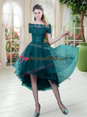 Lace Prom Dresses Peacock Green Lace Up Short Sleeves High Low