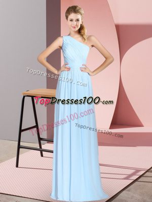Fashion Blue Chiffon Lace Up One Shoulder Sleeveless Floor Length Prom Evening Gown Ruching