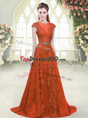 Fashionable Orange Tulle Zipper Scoop Cap Sleeves Womens Party Dresses Sweep Train Beading and Lace