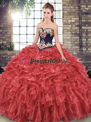Dynamic Red Lace Up Quinceanera Gowns Embroidery and Ruffles Sleeveless Sweep Train