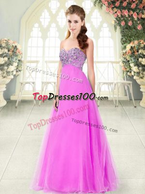 Pink Tulle Lace Up Juniors Party Dress Sleeveless Floor Length Beading