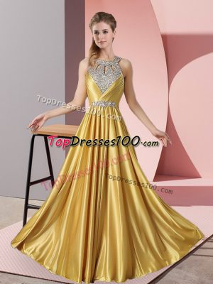 Gold Satin Lace Up Halter Top Sleeveless Floor Length Dress for Prom Beading