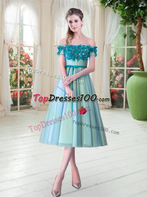 Cute Aqua Blue Evening Party Dresses Prom and Party with Appliques Off The Shoulder Sleeveless Lace Up