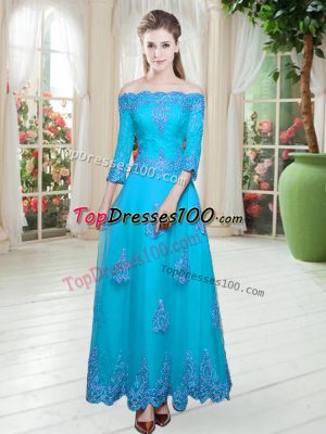 Decent Blue Lace Up Off The Shoulder Lace Prom Dress Tulle 3 4 Length Sleeve