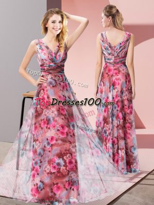 Top Selling V-neck Sleeveless Dress for Prom Floor Length Pattern Multi-color Printed