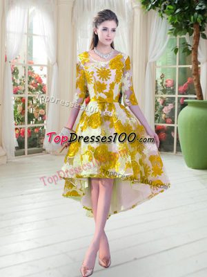 Lace Scoop Half Sleeves Lace Up Belt Prom Party Dress in Multi-color